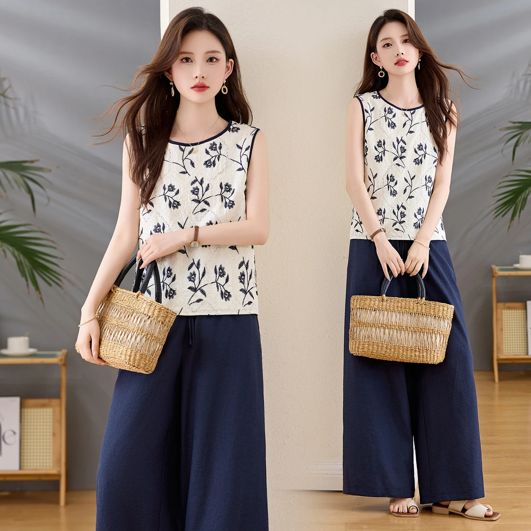刺绣背心藏青色阔腿裤两件套装女2025夏季新款度假风气质套装
