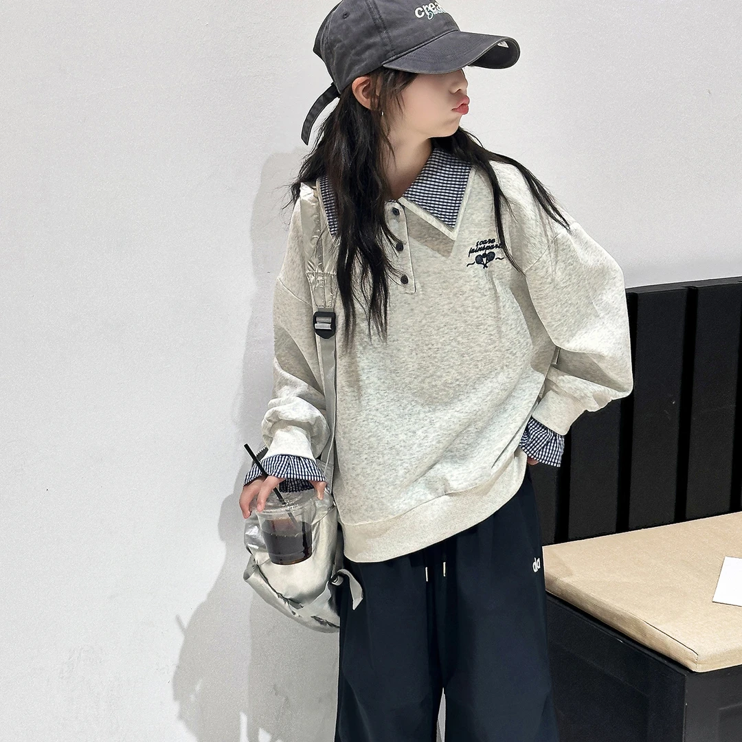 女大童秋装卫衣套装洋气青少年初高中生假两件POLO衫运动休闲上衣