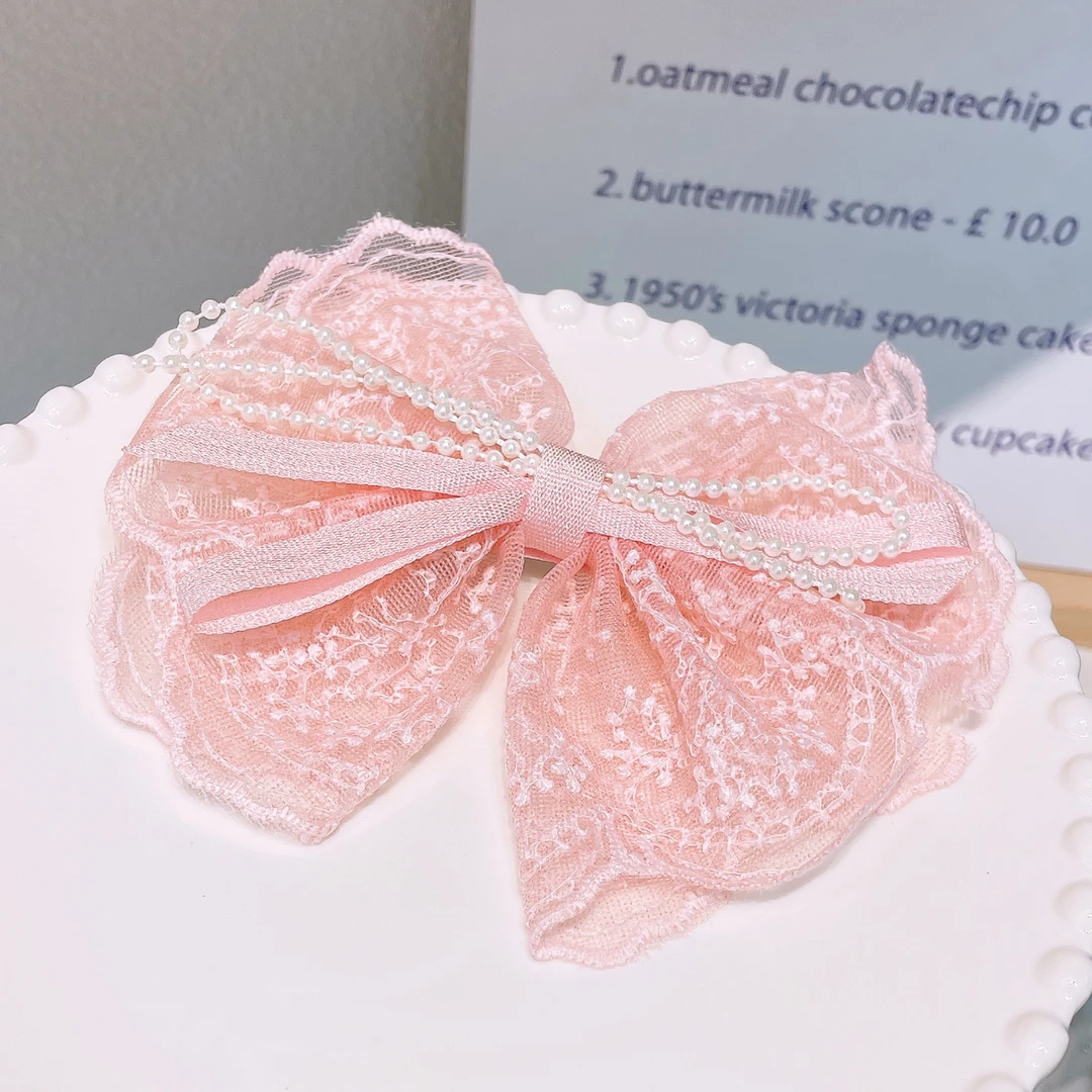 A-8460（满10米飞）rw 1个粉色蝴蝶结蕾丝珠珠布艺公主鸭嘴夹 发圈