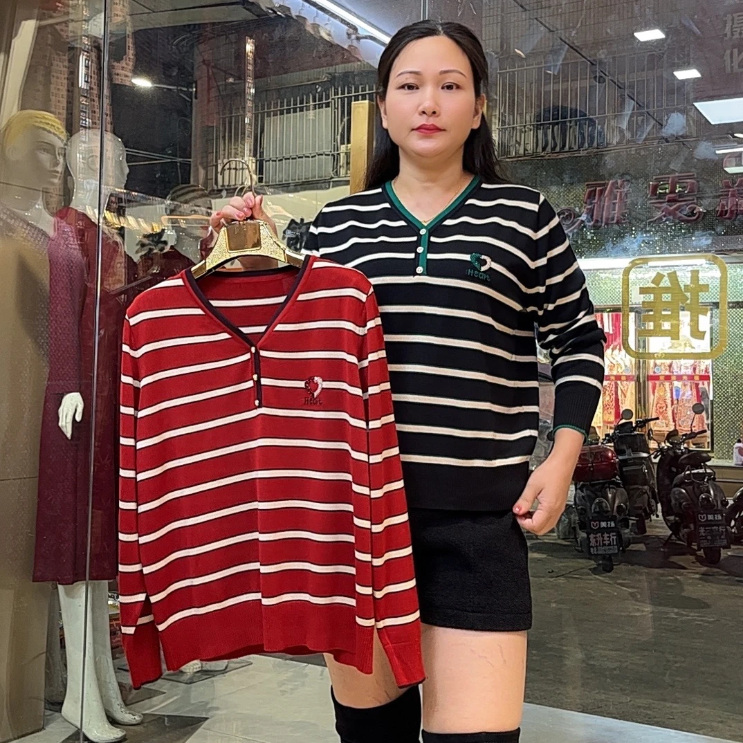 中老年秋冬大码弹力条纹针织长袖毛衣打底衫