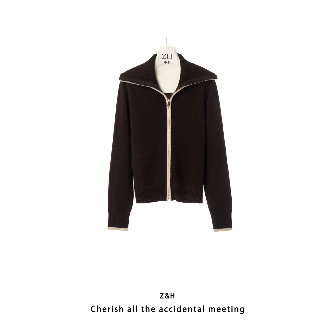 ZH【月落沙丘】翻领针织开衫复古休闲百搭设计感女毛衣