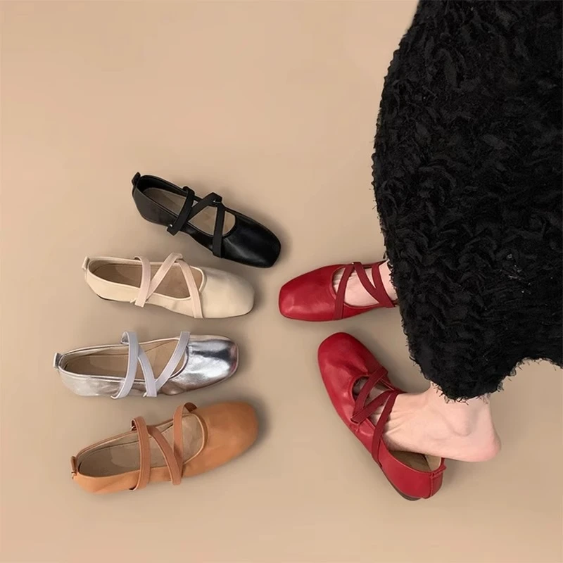 法式复古玛丽珍单鞋女平底包头浅口豆豆鞋百搭软底纺织羊皮增高鞋