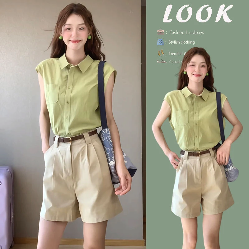 时尚穿搭一整套2025夏季新款简约通勤polo无袖上衣宽松短裤两件套