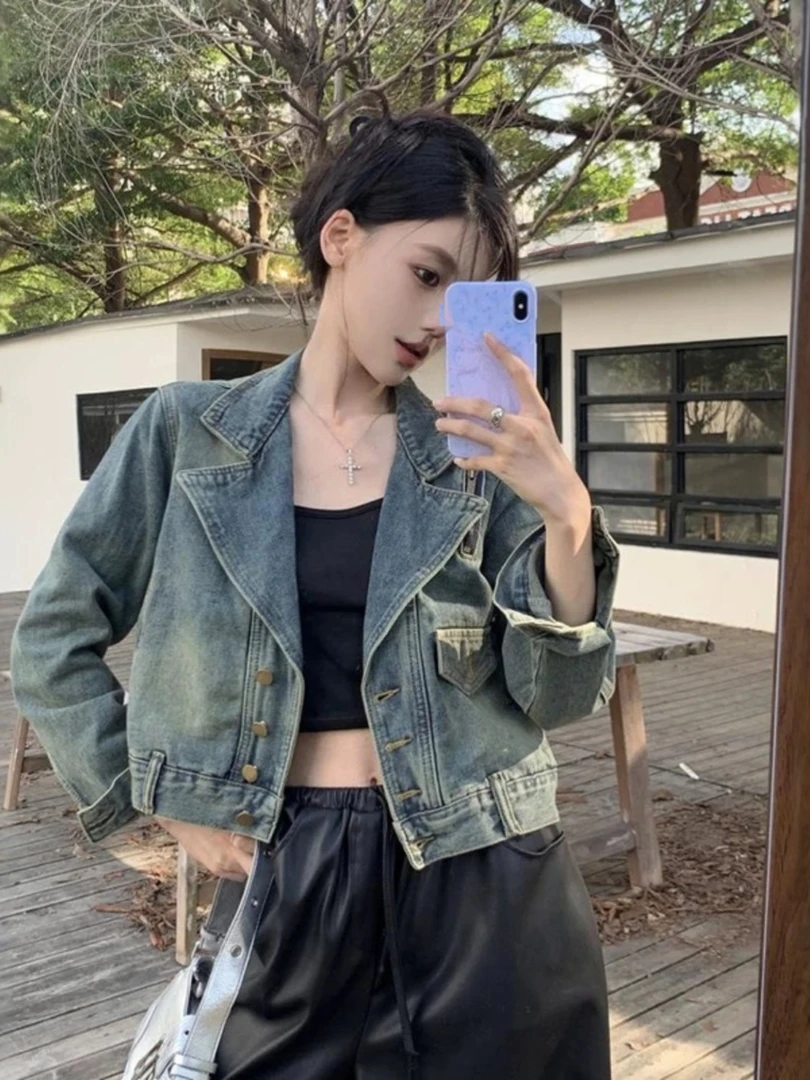 复古西装领牛仔外套女2025春秋设计感小个子短款显瘦休闲夹克上衣