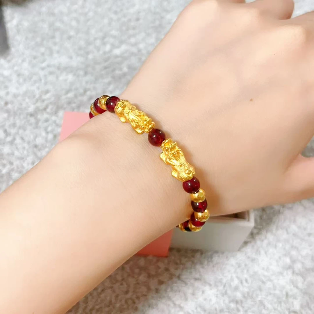 铜合金手链 香港正品时尚金色黄色貔貅红色珠珠手链女士手串漂亮