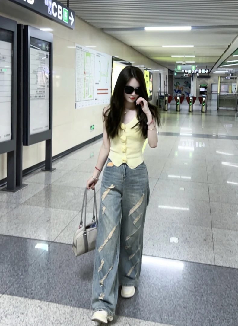 Trend着迷复古破洞牛仔裤女夏高腰新款裤子
