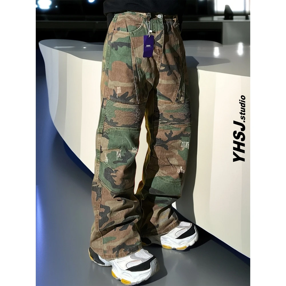 YHSJ巴黎cargo迷彩工装牛仔裤美式复古休闲宽松直筒潮牌潮流裤子