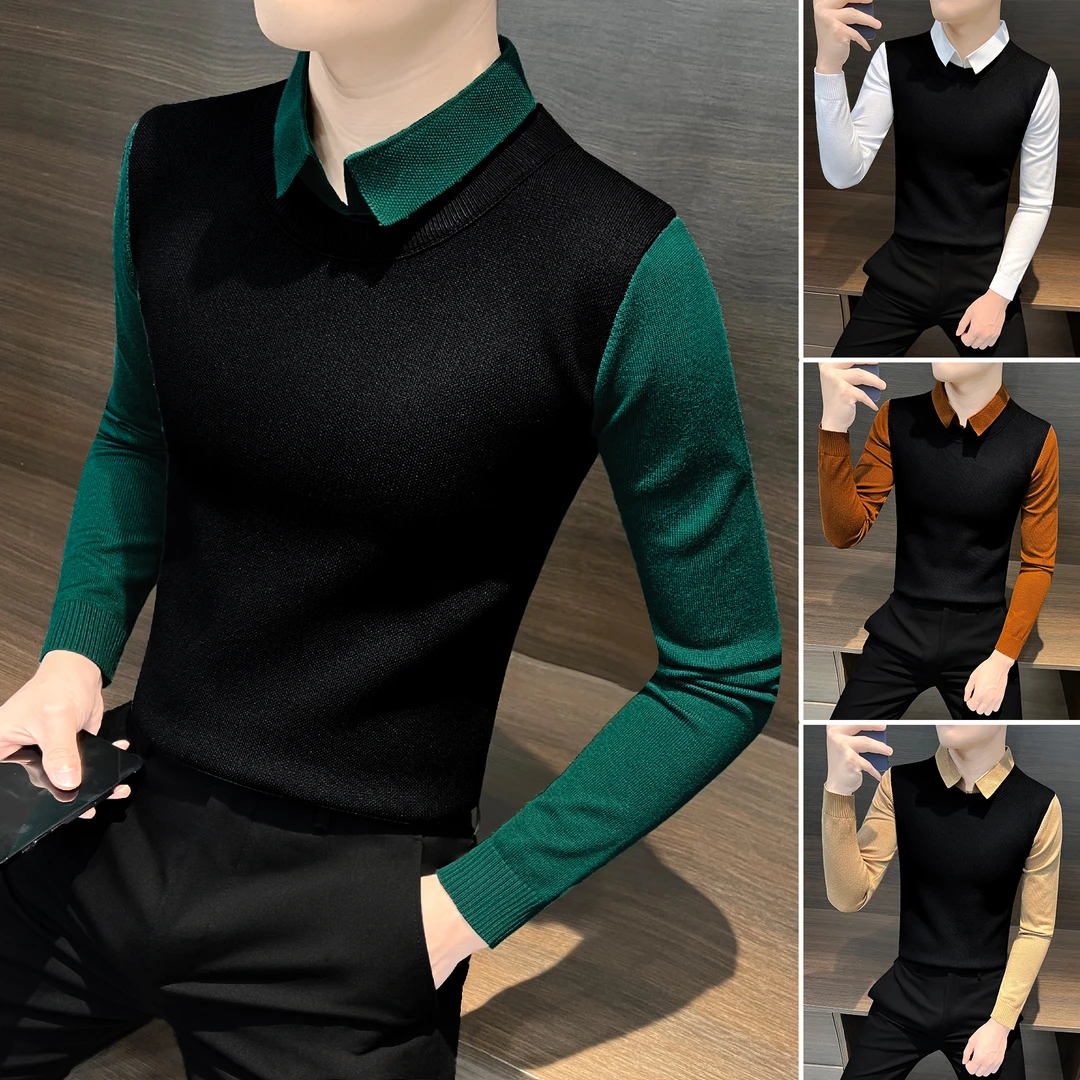 假两件针织毛衣男款爆款2025新款秋季款衬衫领痞帅男装上衣打底衫