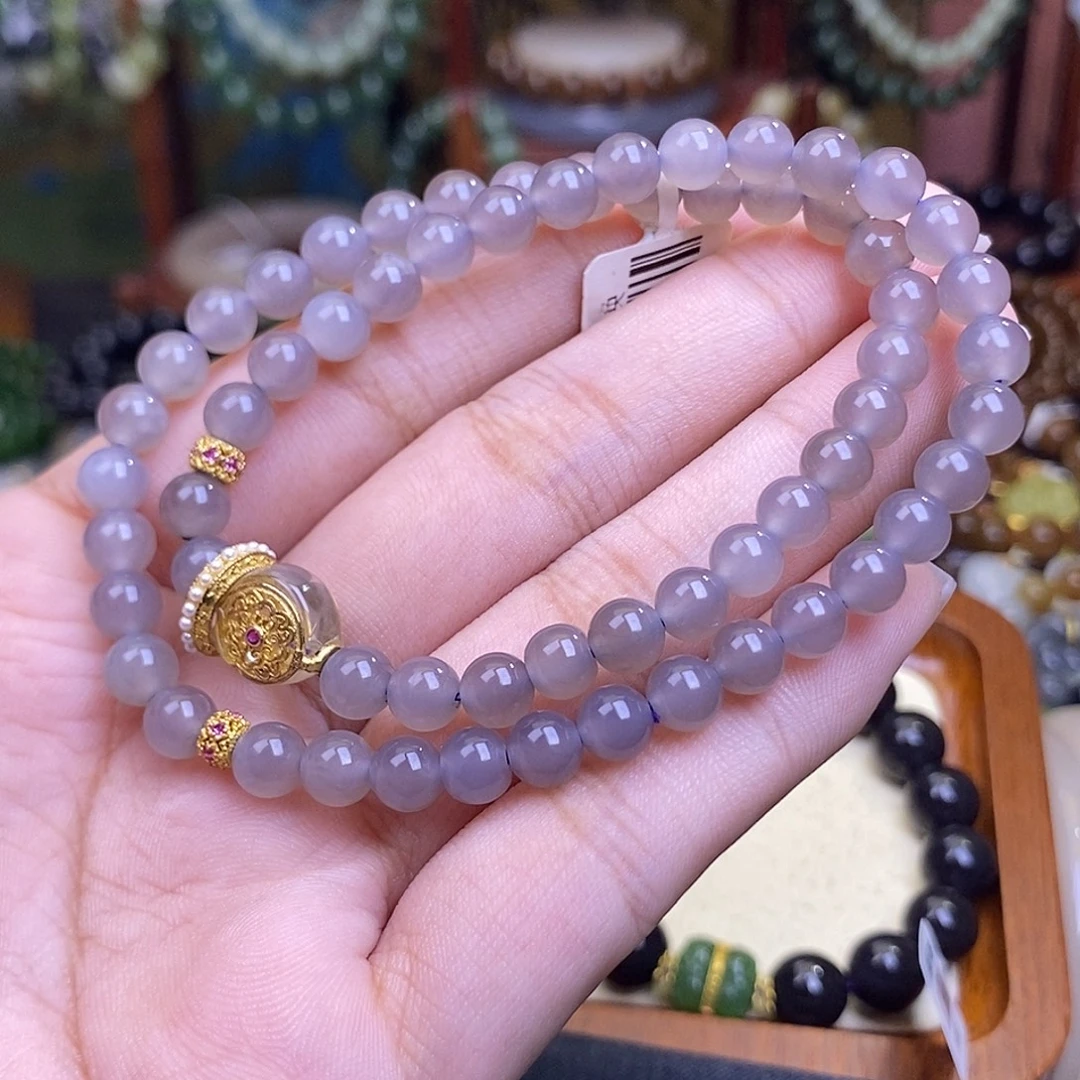 和田玉未镶嵌颈饰冰烟紫老矿料手串6mm