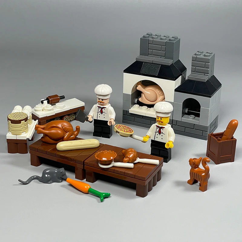 MOC小颗粒拼装积木玩具人仔DIY厨房烤炉壁炉白案面包披萨圣诞火鸡