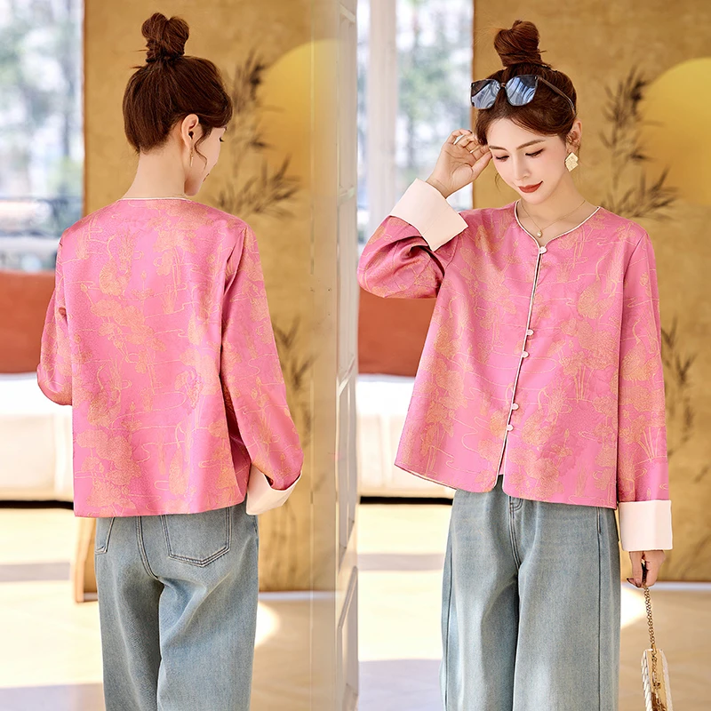 新中式国风提花短外套女2025春秋新款复古盘扣小个子宽松百搭上衣