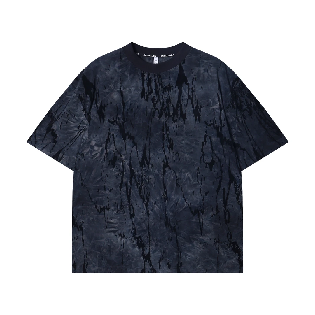 夏季高级感新款美式扎染晕染圆领短袖T恤复古百搭撞色舒适上衣