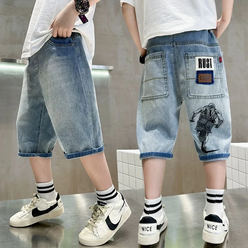 男童夏装新宠牛仔短裤2025新款个性涂鸦韩版潮酷七分裤00209