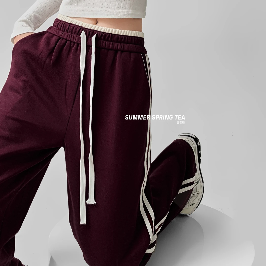 【夏春茶】秋冬撞色高腰加绒阔腿裤美式辣妹慵懒风卫裤休闲运动裤