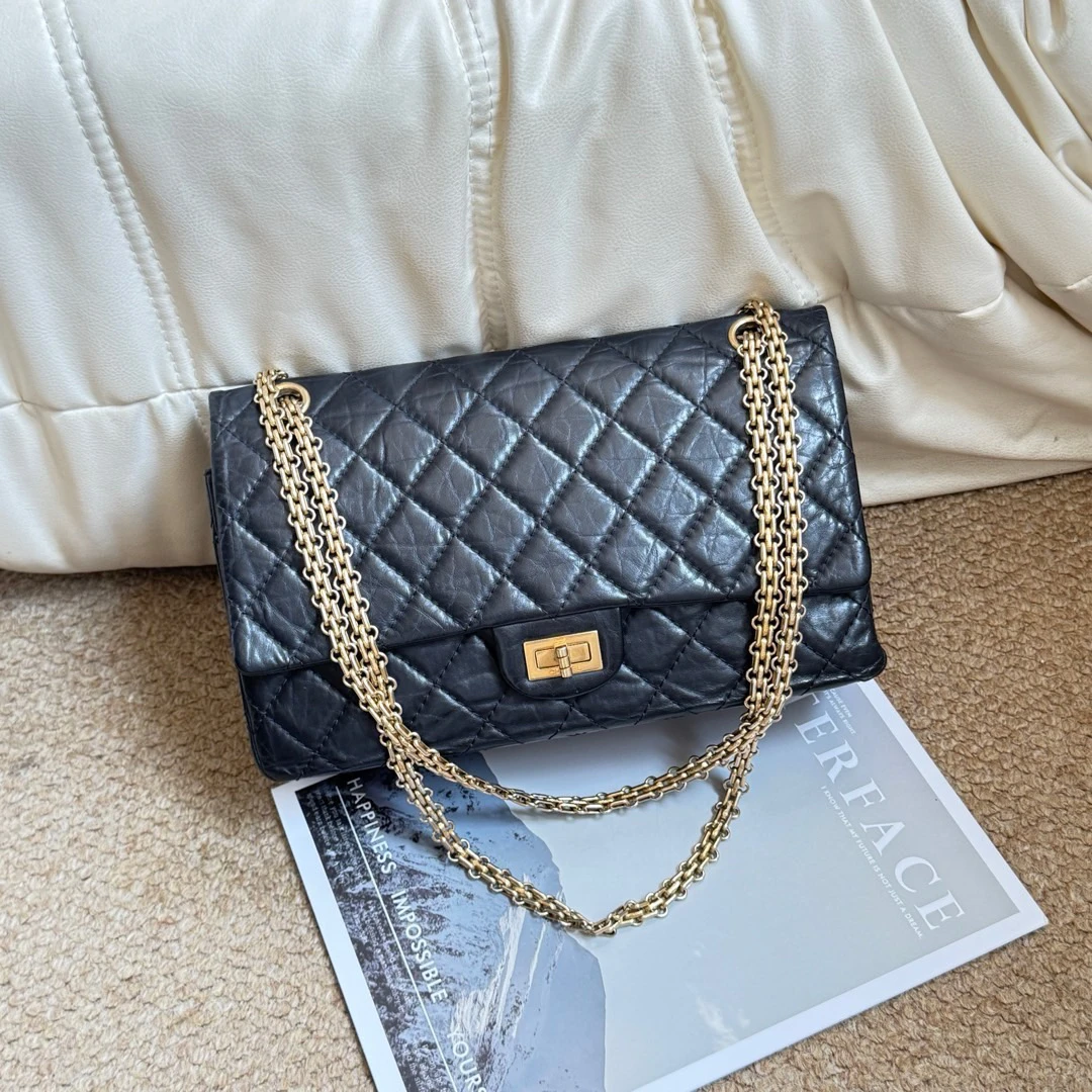 95新 Chanel/香奈儿 Chanel 黑金 褶皱牛皮2.55中号包/636512479