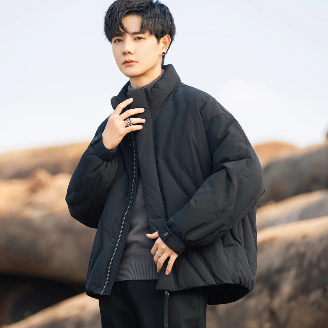 立领羽绒服男冬季防风保暖90白鸭绒面包服设计感短款立领外套潮牌