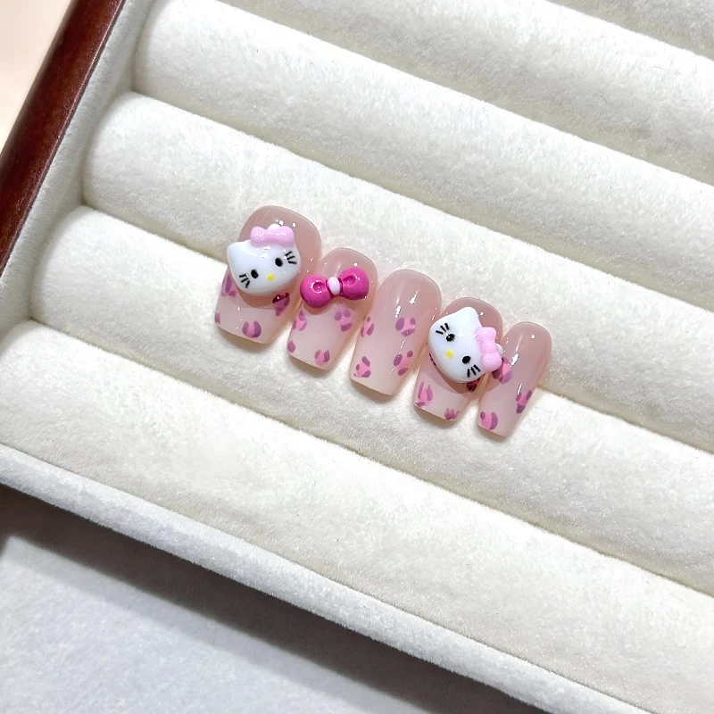 甜妹豹纹Kitty(10片)手工穿戴甲美甲成品显白短款指甲贴片甲片