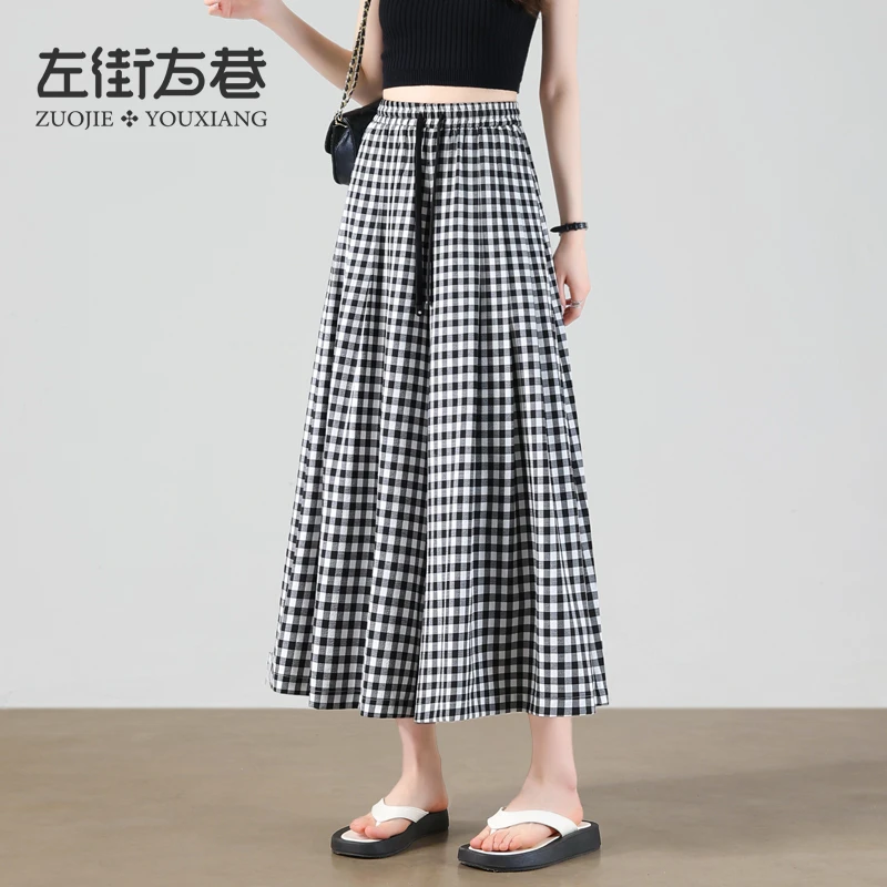黑白格子裙裤女夏款2025流行薄款小个子宽松垂感九分阔腿裤裙6676