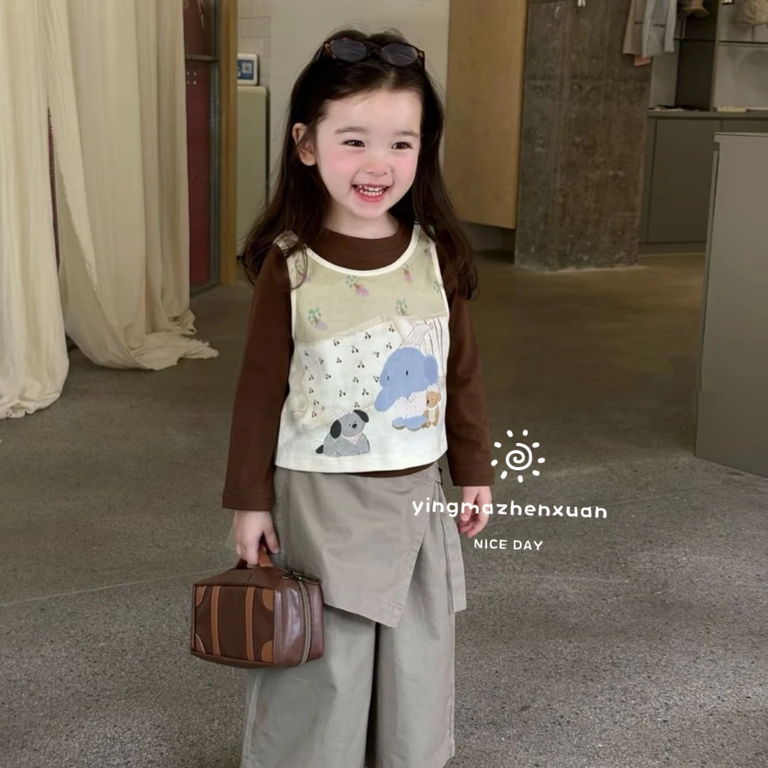 2025秋季女童新款卡通小象长袖背心卡其工装裤韩系女童女宝秋装MM