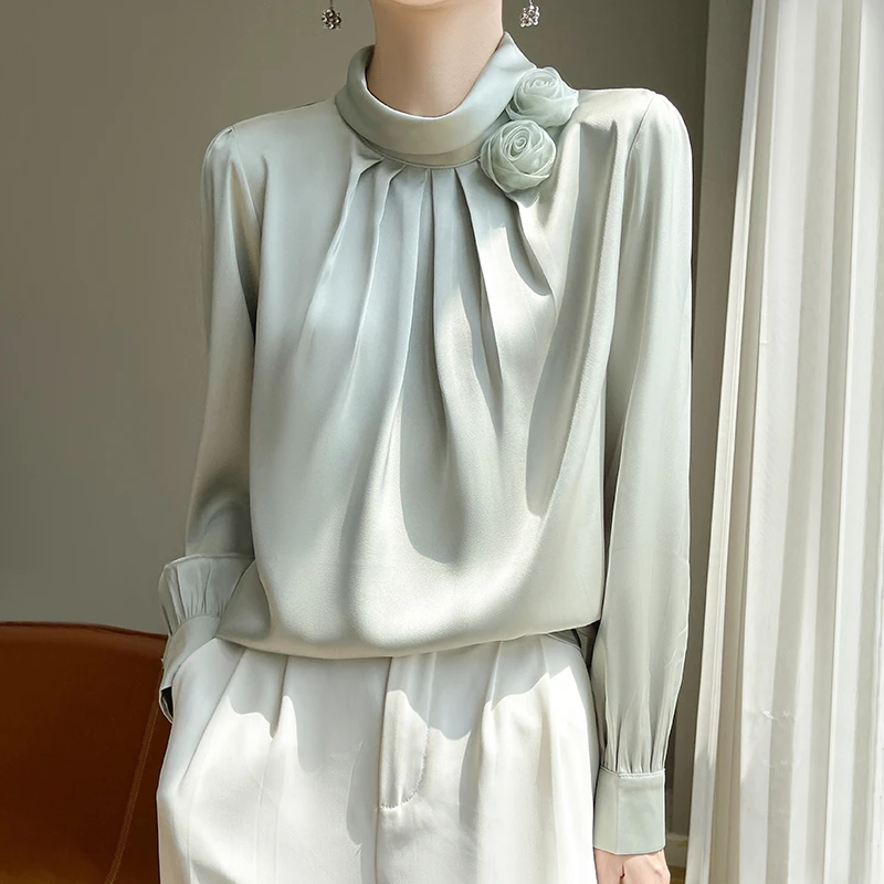 立体花朵~超美的春夏新款缎面设计感法式小众百搭气质长袖衬衫F95