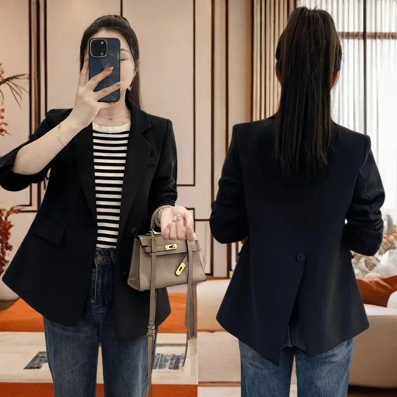 2025春季新款韩版小西装外套女后背开叉网红斜纹上衣外套女纯色潮