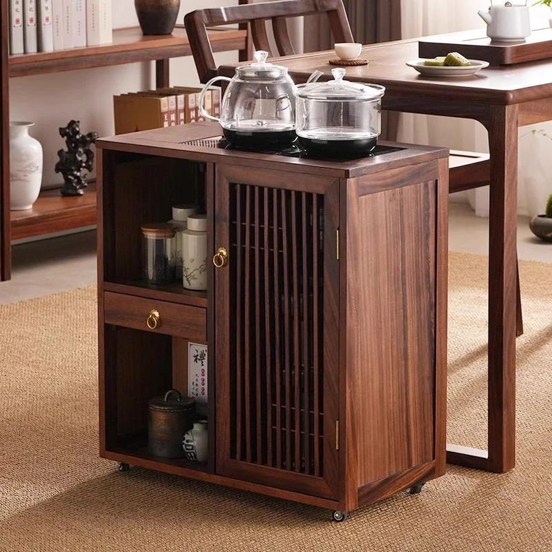 移动茶台胡桃木实木茶水柜边柜茶桌侧边几小茶几烧水家用移动茶台