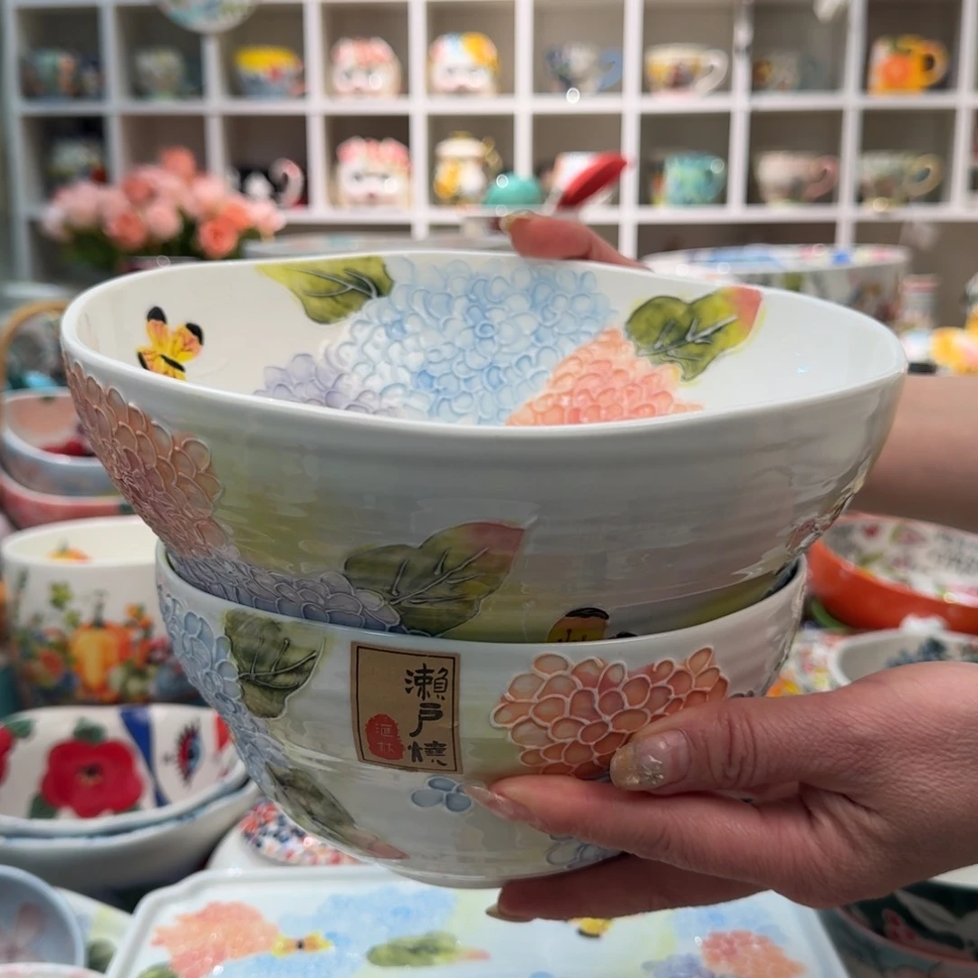 瓷片濑户烧绣球8.8英寸大汤碗1只➕7英寸面碗1只