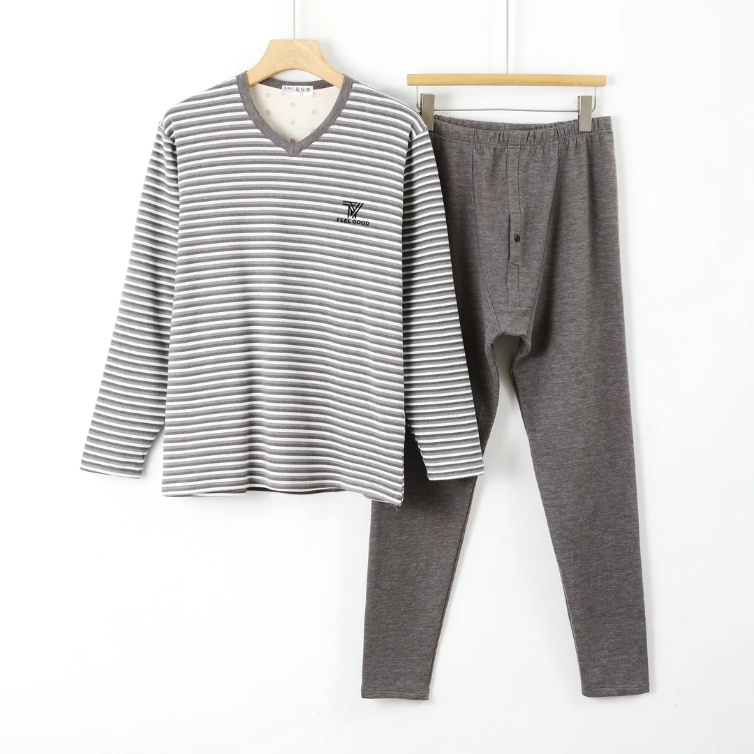 男士9001德绒条纹鸡心领秋冬防寒保暖内衣套装打底