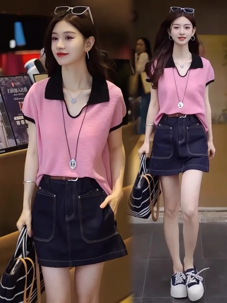 时尚套装女2025夏季新款时髦洋气V领短袖上衣牛仔短裙气质两件套