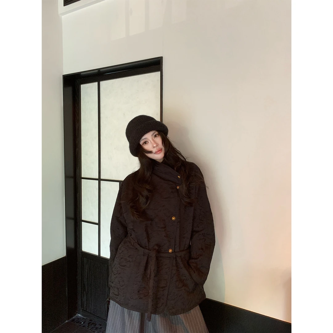 ASM ANNA/斜襟立领保暖外套休闲简约系带黑色蚕丝棉服A2511AWT002