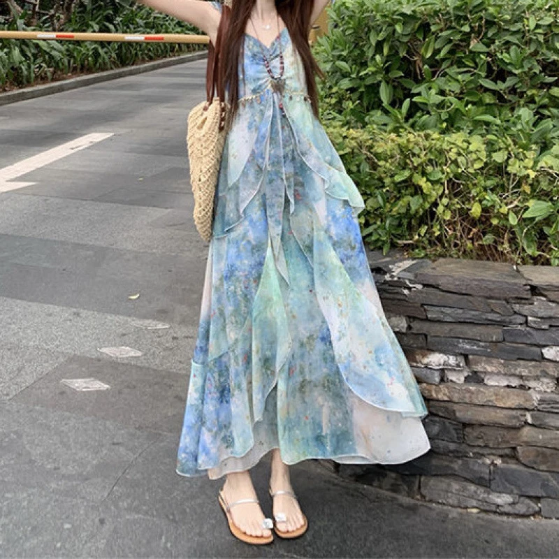 法式超仙水墨晕染雪纺长裙子收腰茶歇连衣裙海边度假吊带裙子女夏