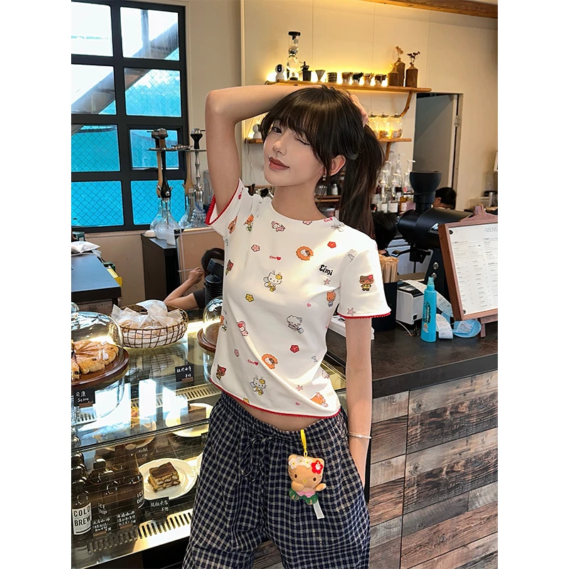URKR随机满印Kitty印花正肩T恤女夏季修身显瘦辣妹短袖圆领上衣潮