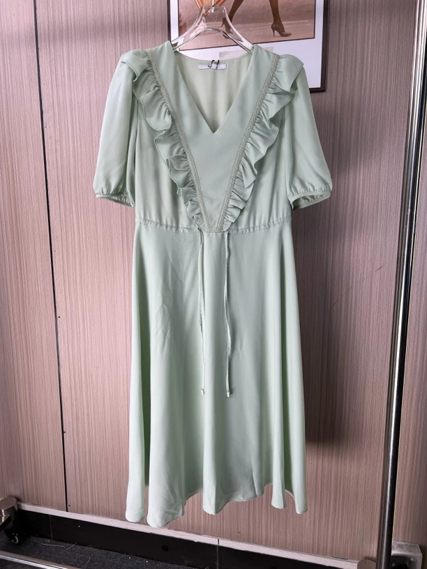 8692品牌撤柜fg女装浪漫荷叶边抽绳连衣裙浅绿色