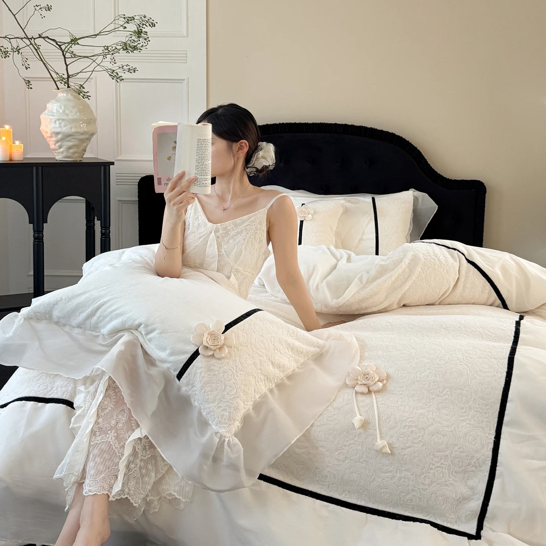 秋冬款加厚法式公主风牛奶绒四件套蕾丝边被套秋冬珊瑚绒保暖床品