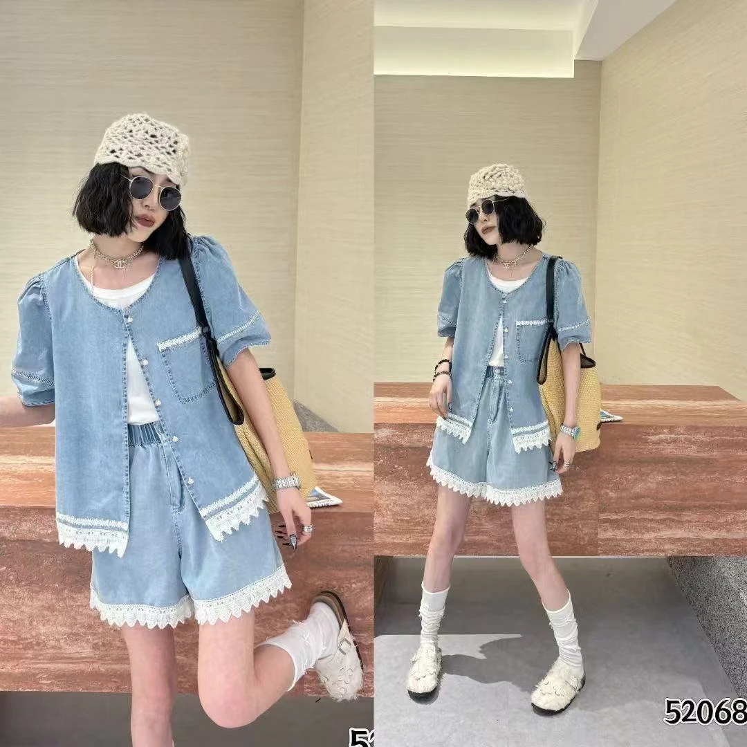 张肉肉52068大码薄款软牛仔套装 外搭加短裤