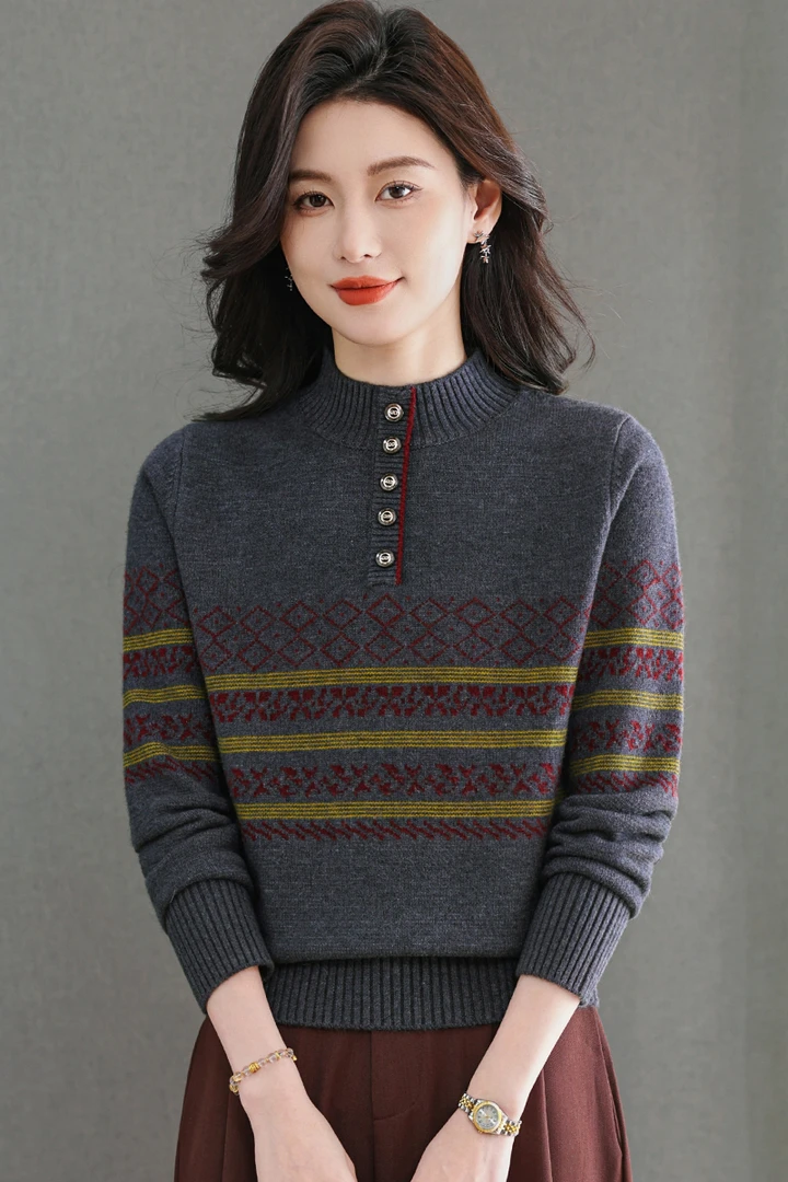 【羊毛衫】新款秋冬女士半高领羊毛衫厚款保暖洋气条纹显瘦打底针织