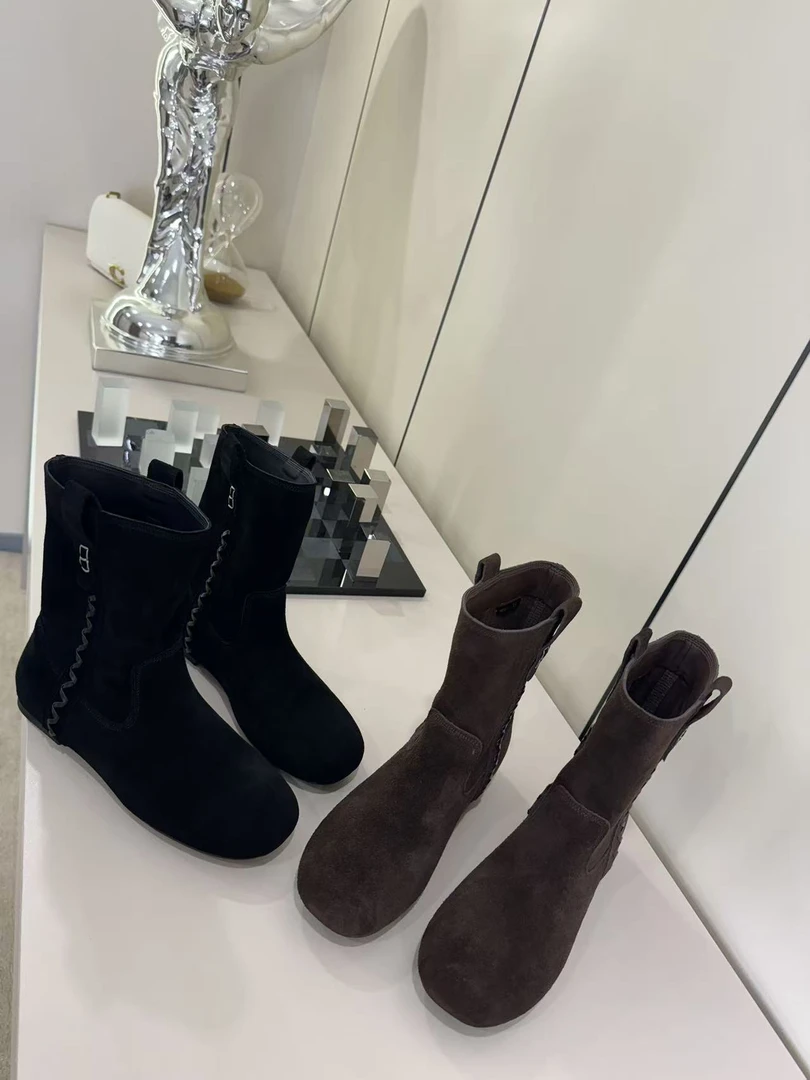 唐小肉平跟千金风女士秋季单鞋翻毛皮百搭圆头瘦瘦靴1655-1