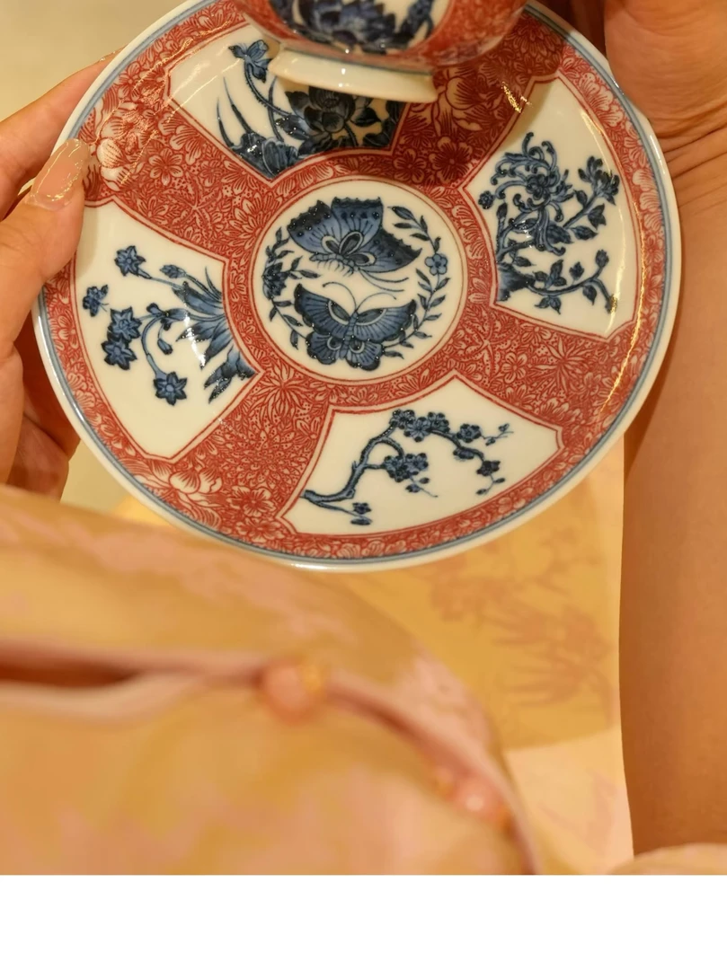 子君堂青花釉里红四季花壶承