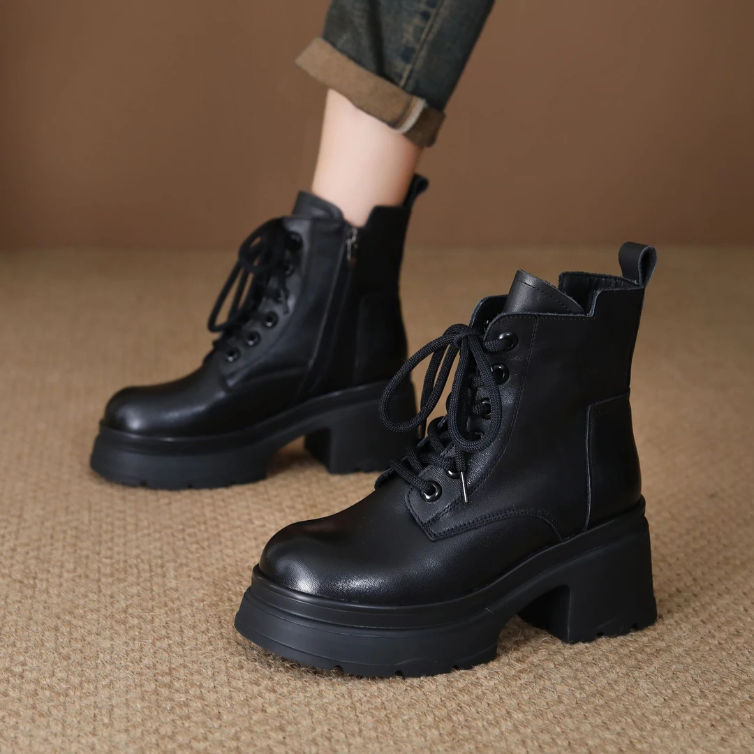 头层牛皮马丁靴女粗跟增高2025新款秋季厚底英伦风加绒短靴子真皮