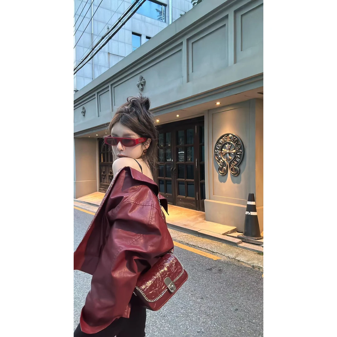 HuiHui【秀场主推】短款pu皮夹克外套女秋宽松复古机车皮衣（A497）