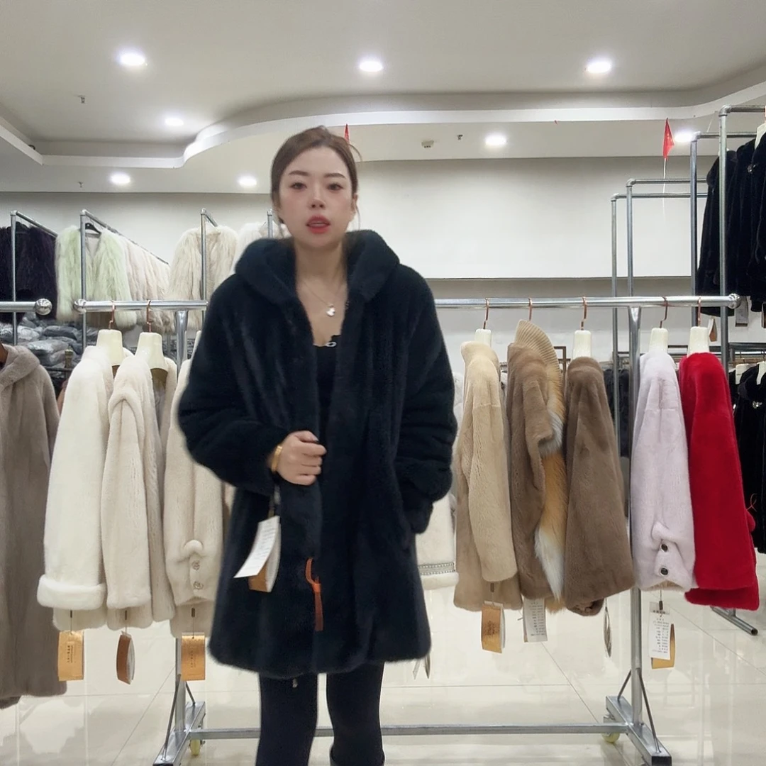 灰蓝色80长直板款貂皮