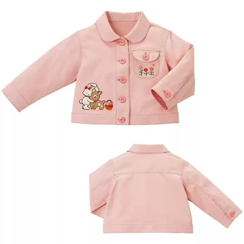 【25年秋季新品】女童柔软舒适卡通粉色牛仔衣长颈鹿花朵刺绣外套