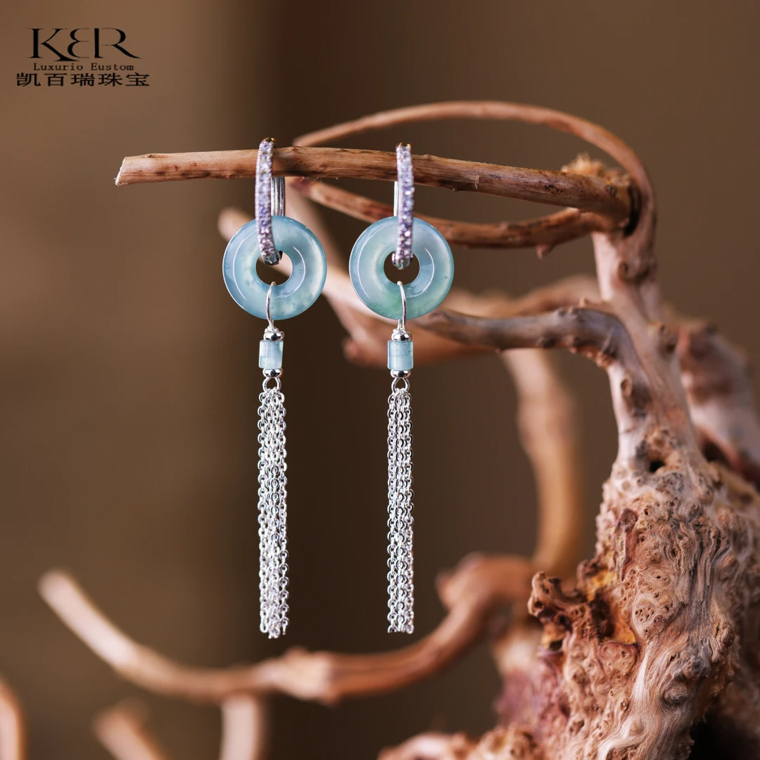 新款天然A货翡翠平安扣甜甜圈流苏耳环耳饰环环相扣 KBR1213002