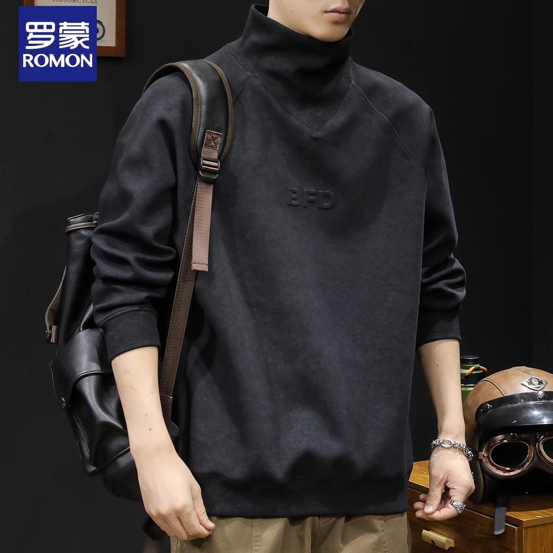 Romon/罗蒙长袖潮牌卫衣春秋款男款衣服秋季2025新款重磅黑色潮