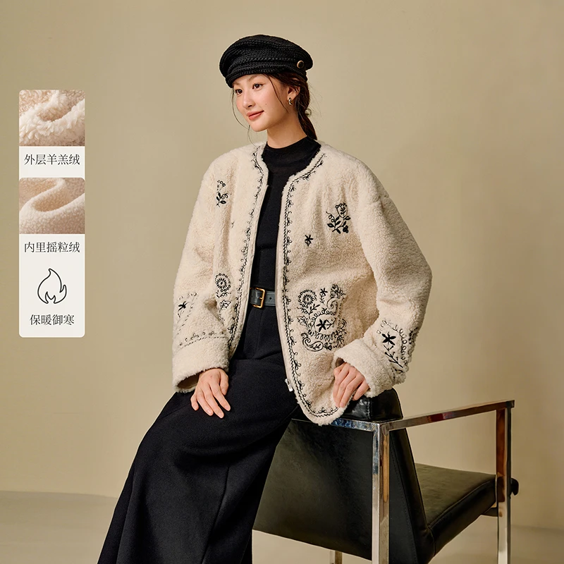 【鹿鹿罗专属】茵曼25冬季游牧重工绣花羊羔绒外套摇粒绒保暖上衣