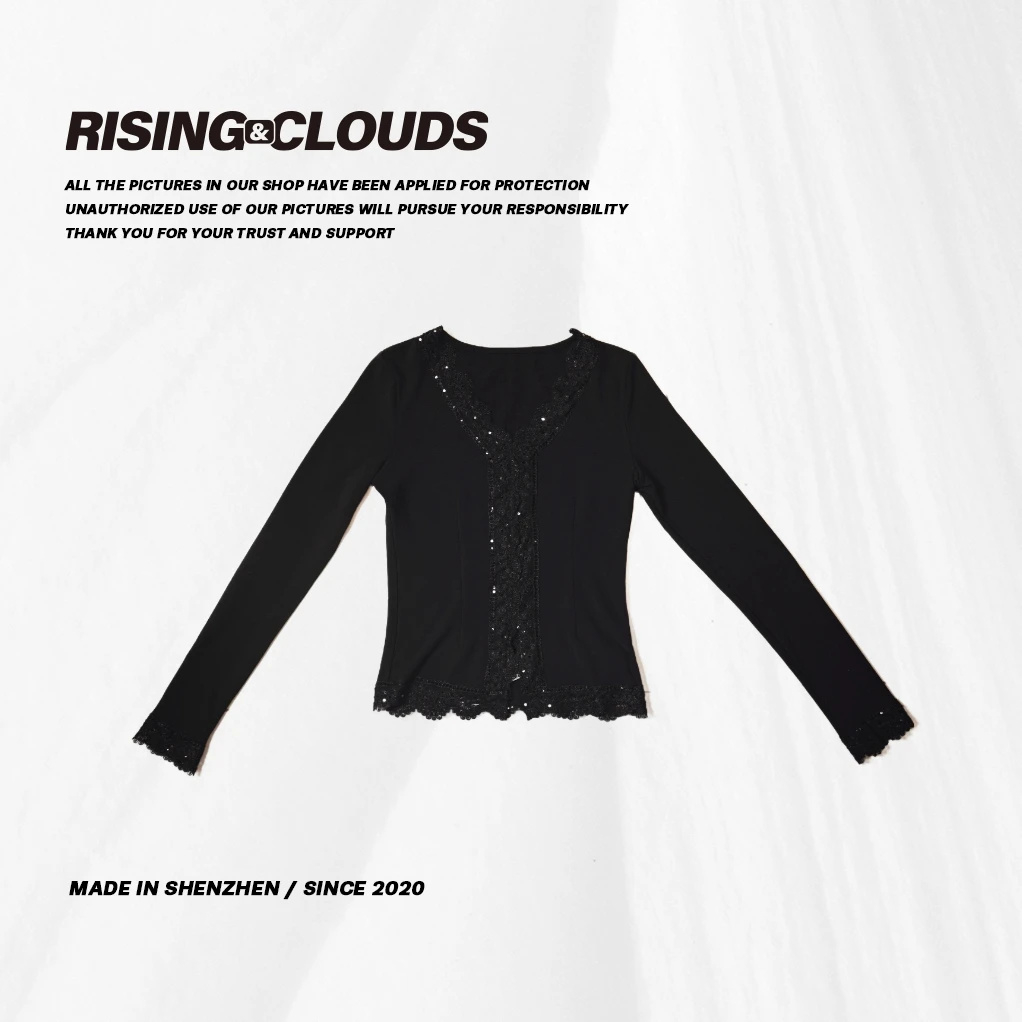 RISING&CLOUDS【莎莎】深圳南油时尚百搭显瘦V领亮片打底上衣120289