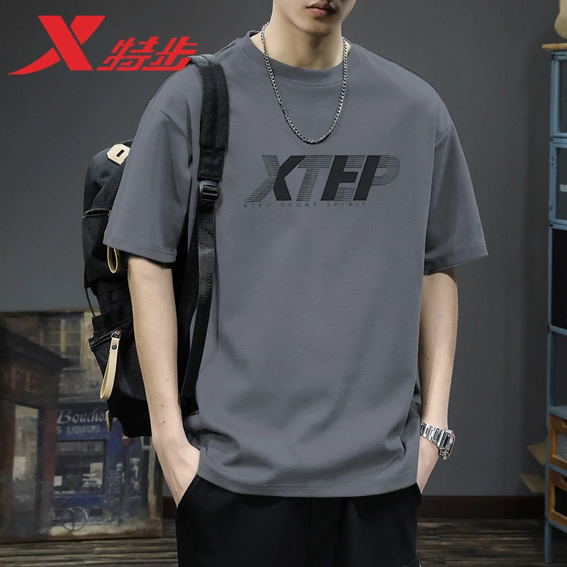 特步短袖T恤男正品夏季大码宽松休闲男装圆领半袖t运动上衣体恤男