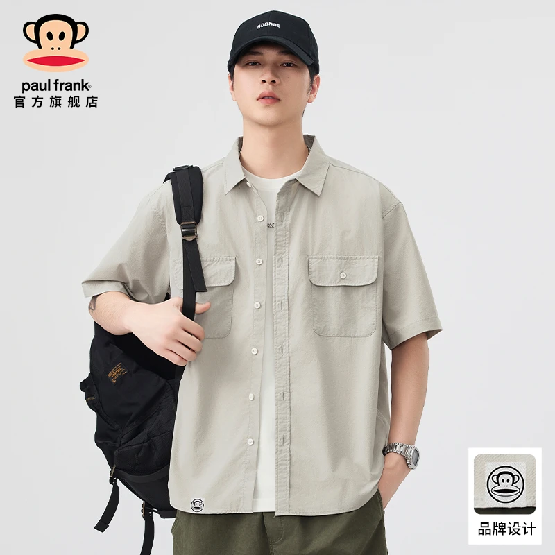 PaulFrank/大嘴猴复古潮牌短袖衬衫男士夏季薄款休闲工装衬衣外套