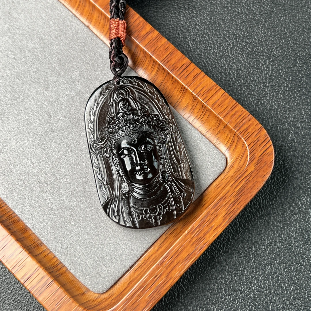 黑曜石观音头吊坠男款精雕冰底珠宝玉石黑曜岩挂件女   @只发一件