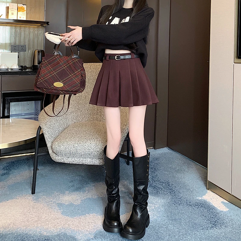 La Chapelle/无货秋冬新款百搭修身显瘦高腰A字百褶裙半身裙